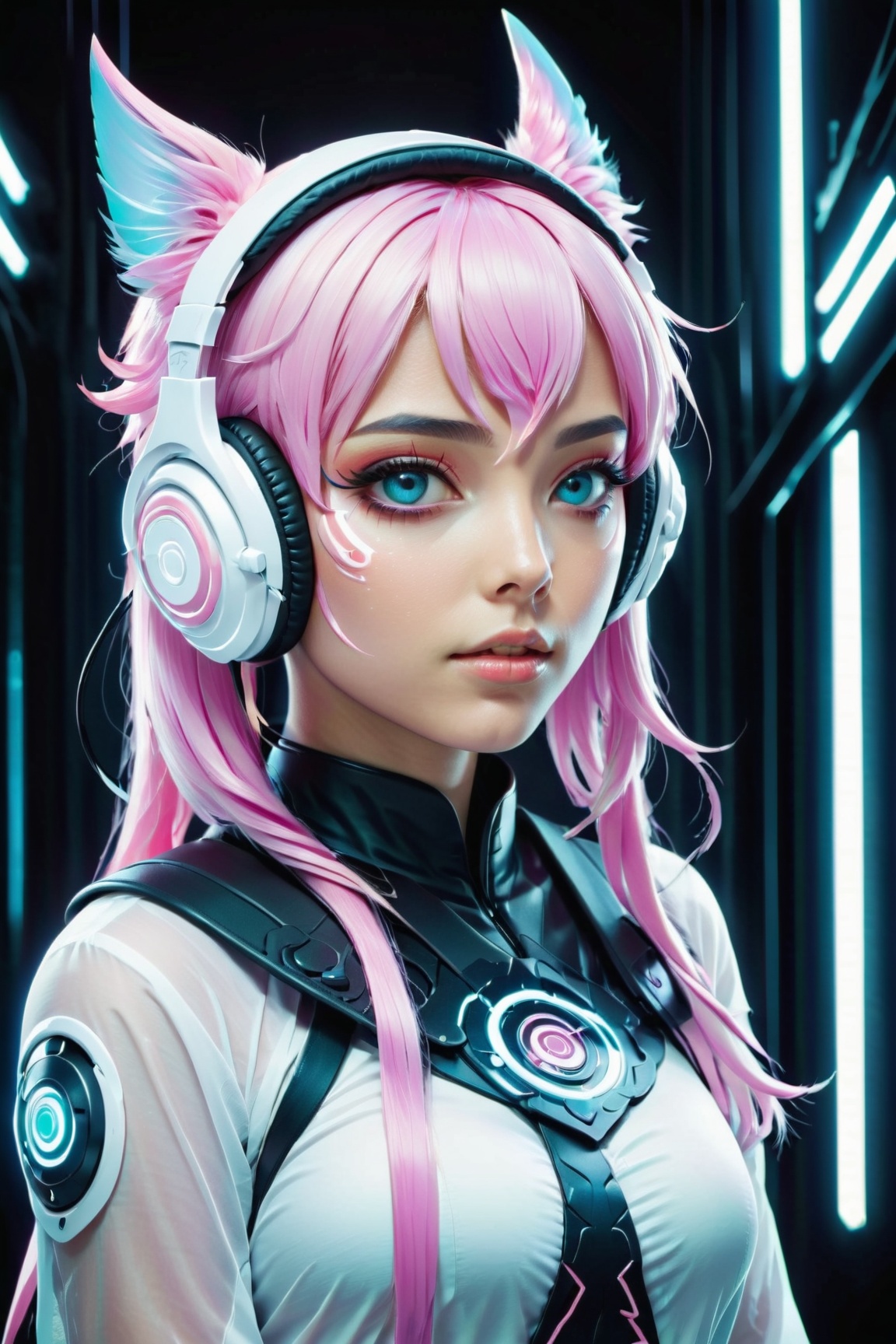 Anime girl with pink hair and pink pupils with white futuristic headphones by MAGIC OF AI on Tensor.Art