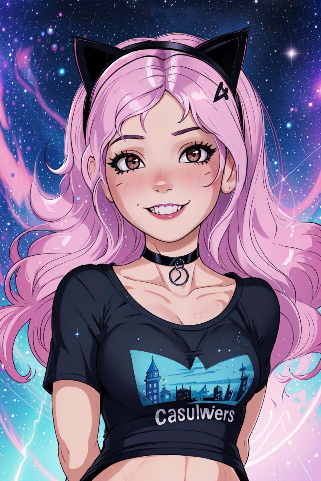 belle delphine,  black cat ears,  arms behind back on Tensor.Art