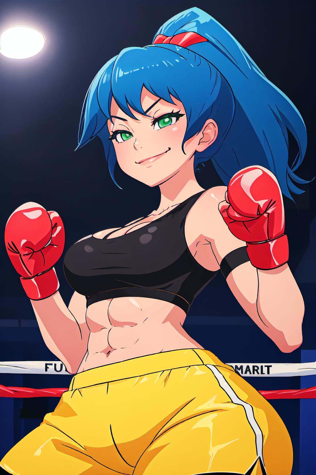 blue hair,  green eyes,  red boxing gloves on Tensor.Art