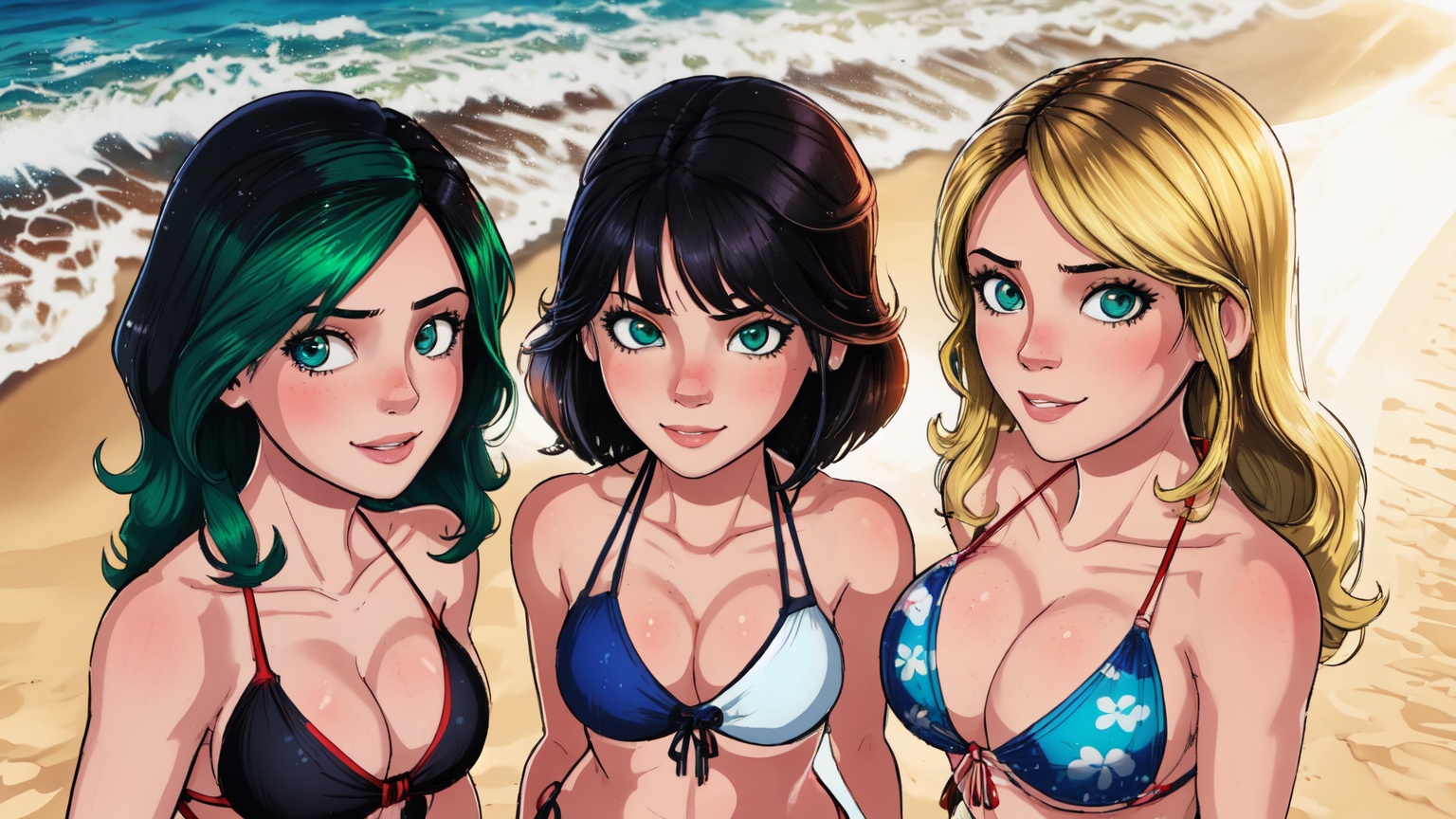 3girls,  black hair,  blonde hair on Tensor.Art