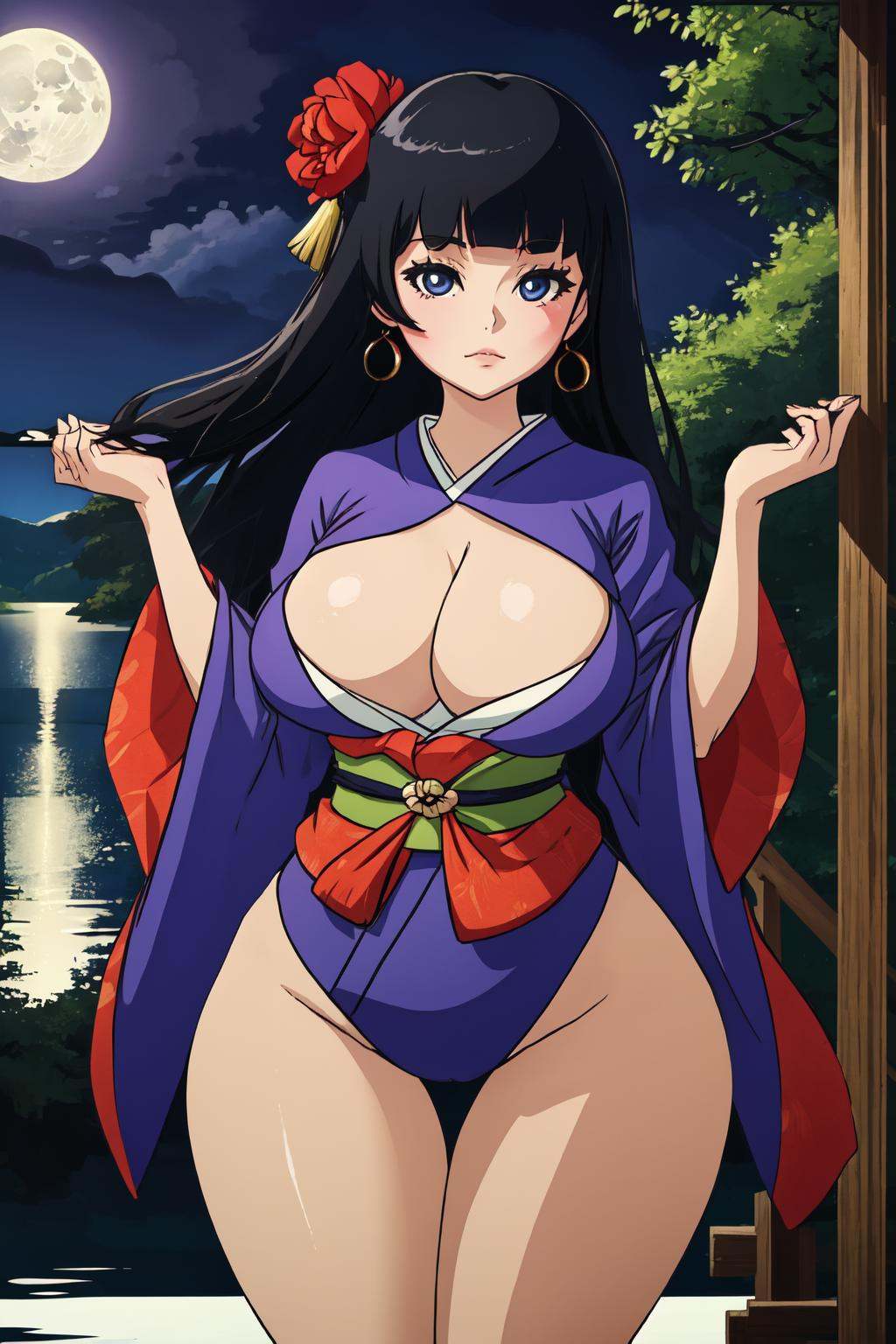 black hair,  long hair,  large breasts on Tensor.Art