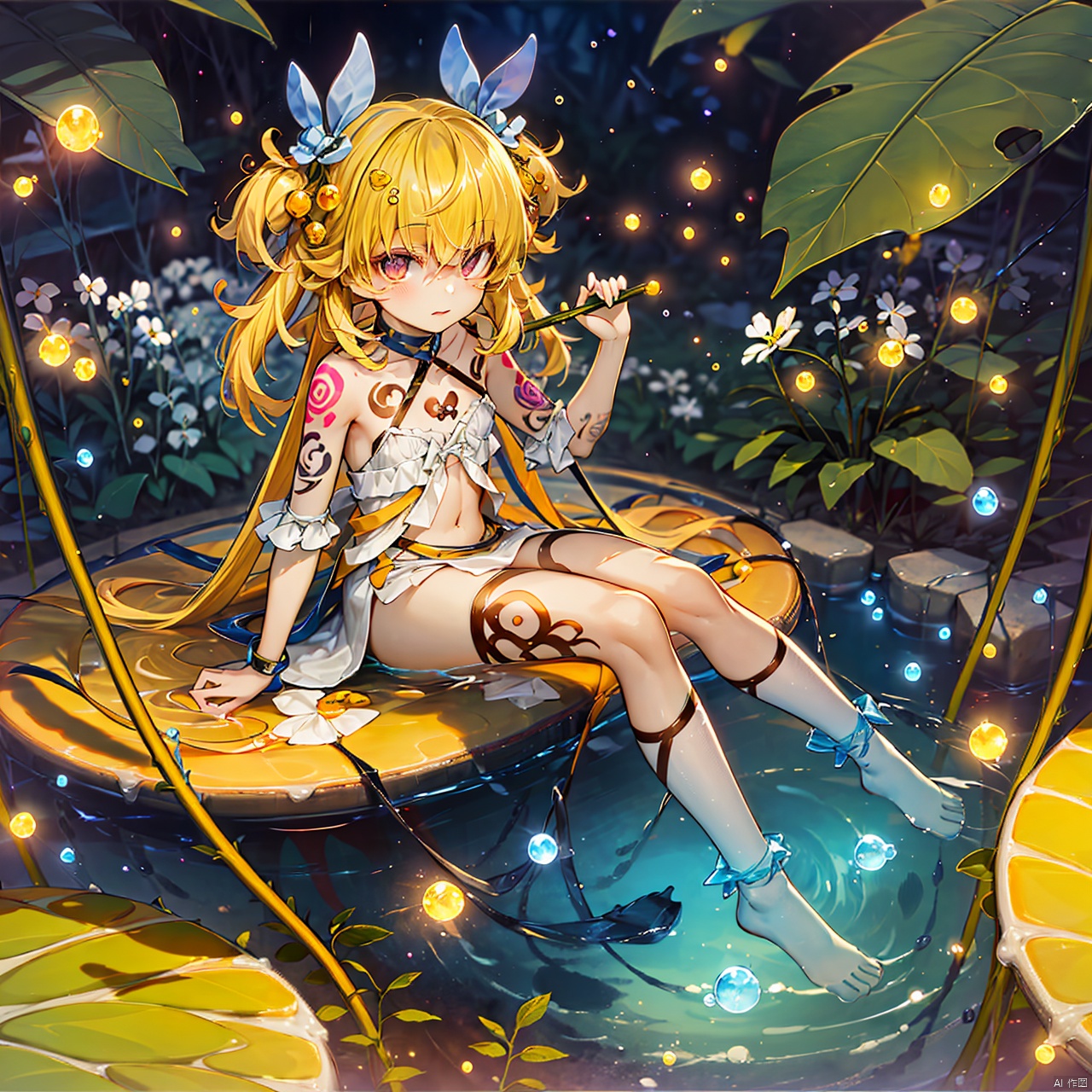 masterpiece, best quality, 1girl, loli, Traptrix, narcissus, light yellow hair, white clothing, Tattoos, (Barefoot:0.5),<lora:EMS-263106-EMS:0.800000>
