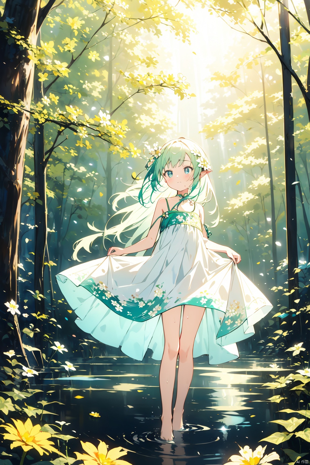  (masterpiece), (best quality),(illustration), ((chinese colorful ink)), best quality, epic scenes, impactful visuals, 
1girl,bare shoulders,Light blue eyes,Sparkling eyes,(White light green gradient hair:1),(Light green dress with patterns),(bare legs),(Stepping on the stream:1),(holding flower:1.2),barefoot,long pointy ears,nose blush,flat color,closed mouth,hair twirling,flat color,standing,long hair,solo,
green theme,the setting sun,vines,forest,Chamomile,cornflower,lens flare,hdr,Tyndall effect,damp,wet,
