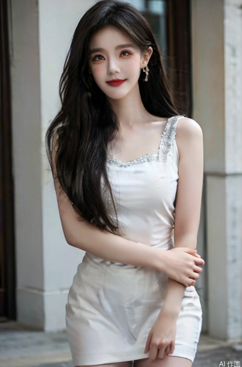ultra realistic 8k cg,flawless,clean,masterpiece,professional artwork,famous artwork,cinematic lighting,cinematic bloom,cute expression,intricate detail,best quality,photorealistic,radiant face,cowboy_shot,1girl,solo,chinese style architecture,outdoors,smile,china_dress,pantyhose,