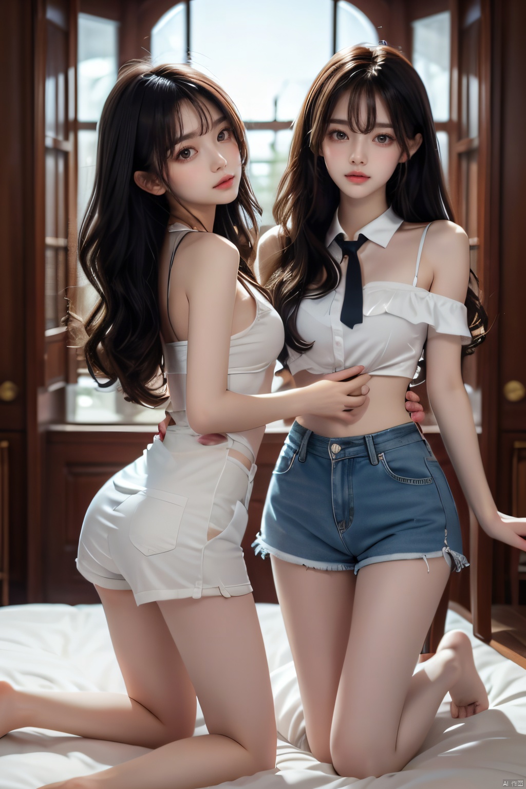 Masterpiece, Best Quality, Ultra Detailed, Extremely Detailed CG, Illustration, Detail Light, Extremely Detailed and Beautiful, Depth of Field, View from the Bottom, {Masterpiece}, {Best Quality}, twins, ,bedroom,moonlight,wide shot,shorts,long hair, Thick thighs,curly hair,blush,2girls,twins,looking down,head tilt,red rose,chair,Hands behind the back,kneeling on one knee, Trigger words
