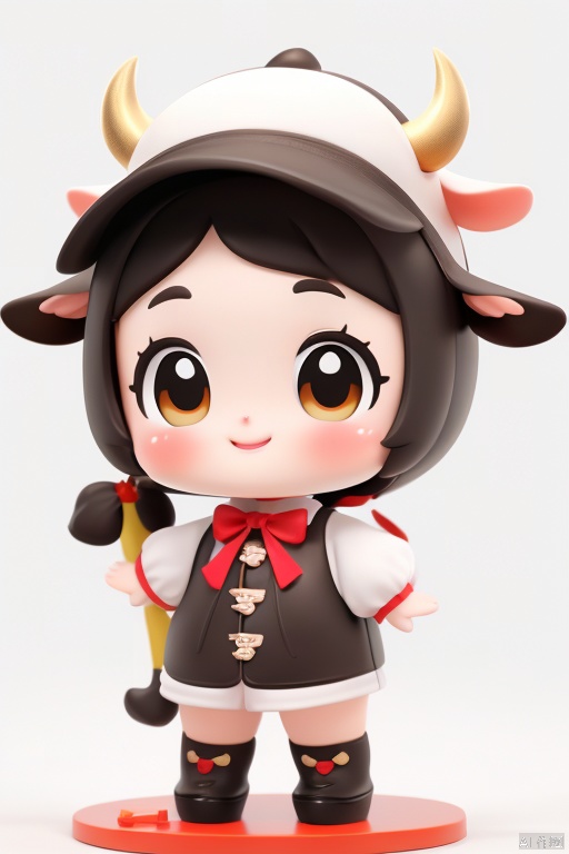 masterpiece, best quality,cattle,ip design,,wear gogerous clothes,super cute,paopaoma,blindbox,white background,big eyes,happy,smile