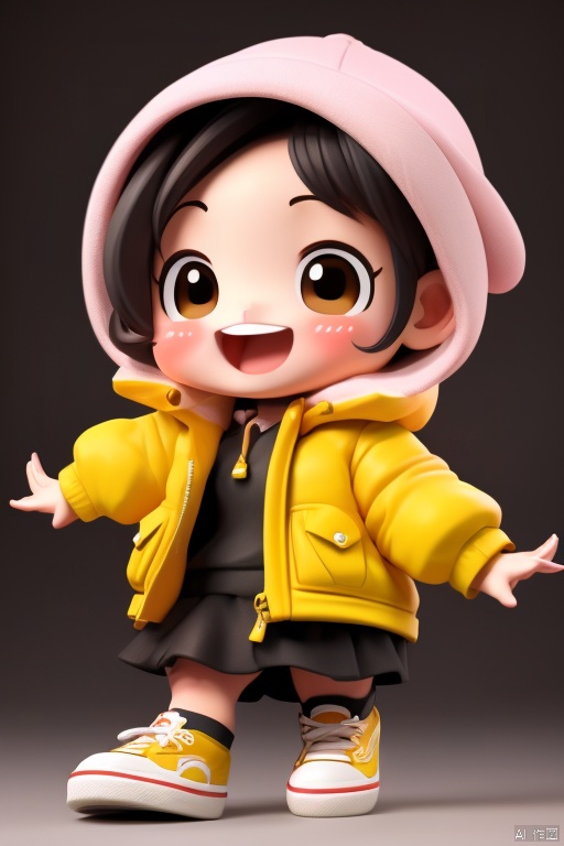 masterpiece, best quality, 1girl,chibi face,wear yellow coat,sneakers,happy,laugh,open mouth,paopaoma