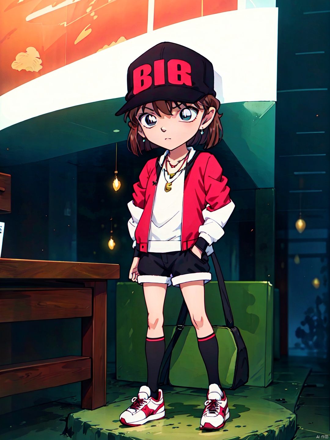  HaibaraAi,1girl,solo,short hair, brown hair, blue eye,
masterpiece,best quality,UHD,hat, jewelry, jacket, full body,earrings, shoes, shorts, socks, necklace, bag, kneehighs,black socks, sneakers, hands in pockets, beanie, Anime