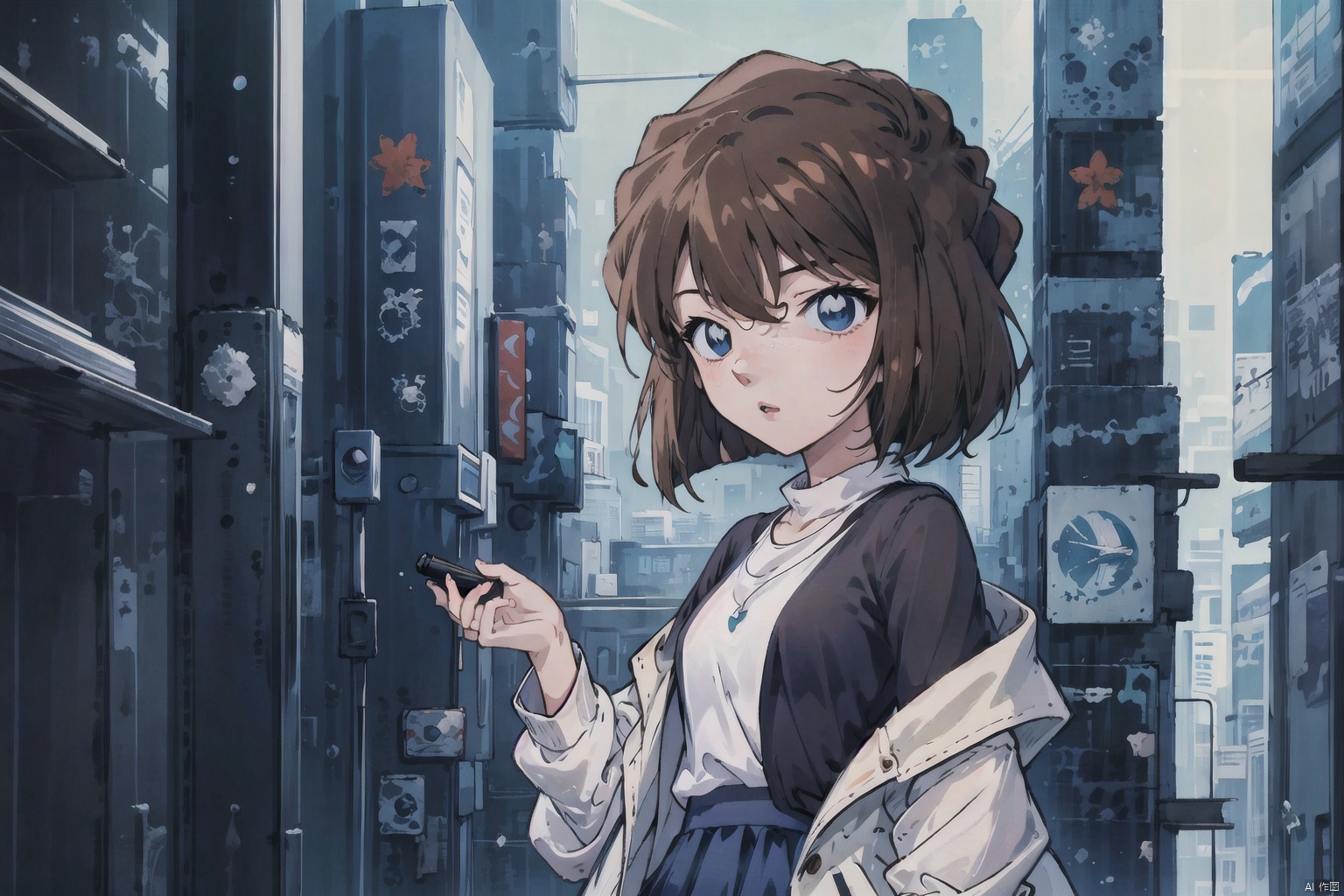  conan,1girl,solo,1girl, solo, skirt, Short hair, blue eye,brown hair, upper body,Short hair, sweater, long skirt,freckles,holding, lips,skirt, fashion, long sleeves,boots,conan,HTTP,褰╄壊澶栧,澶栧, colors, backlight, HaibaraAi, Anime
