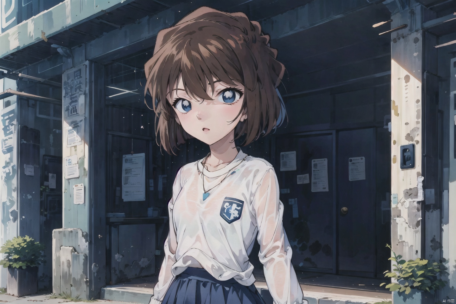  conan,1girl,solo,1girl, solo, skirt, Short hair, blue eye,brown hair, upper body,Short hair, sweater, long skirtlips,shoes, long skirt, fashion, long sleeves, boots,conan,HTTP,褰╄壊澶栧,澶栧, colors, backlight, HaibaraAi