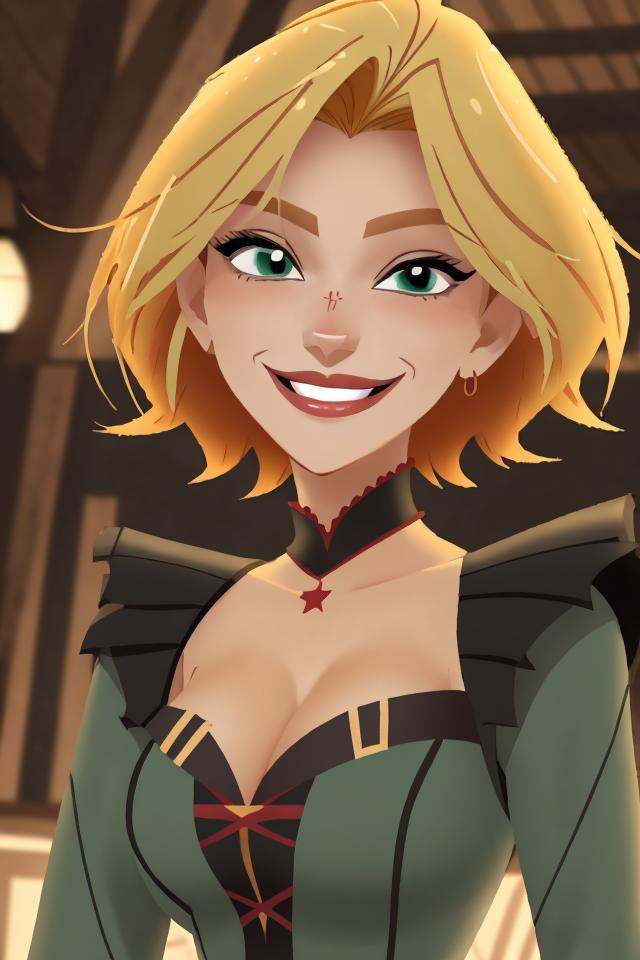 close-up of a woman smiling,  green dress,  blonde hair by Invisidude on Tensor.Art