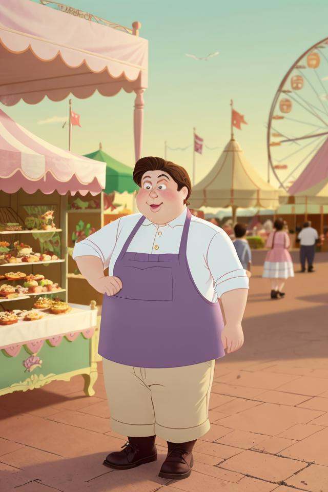a chubby man in a baker's outfit,  outside at a fair,  cartoon by Invisidude on Tensor.Art