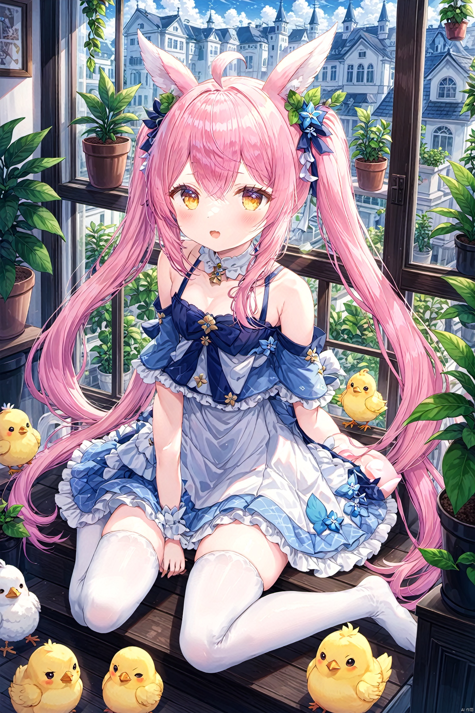  feet, manjuu_\(azur_lane\), soles, 1girl, chick, no_shoes, thighhighs, animal_ears, twintails, long_hair, foot_focus, white_legwear, very_long_hair, potted_plant, pink_hair, bird, plant, window, skirt, breasts, toes, open_mouth, bare_shoulders