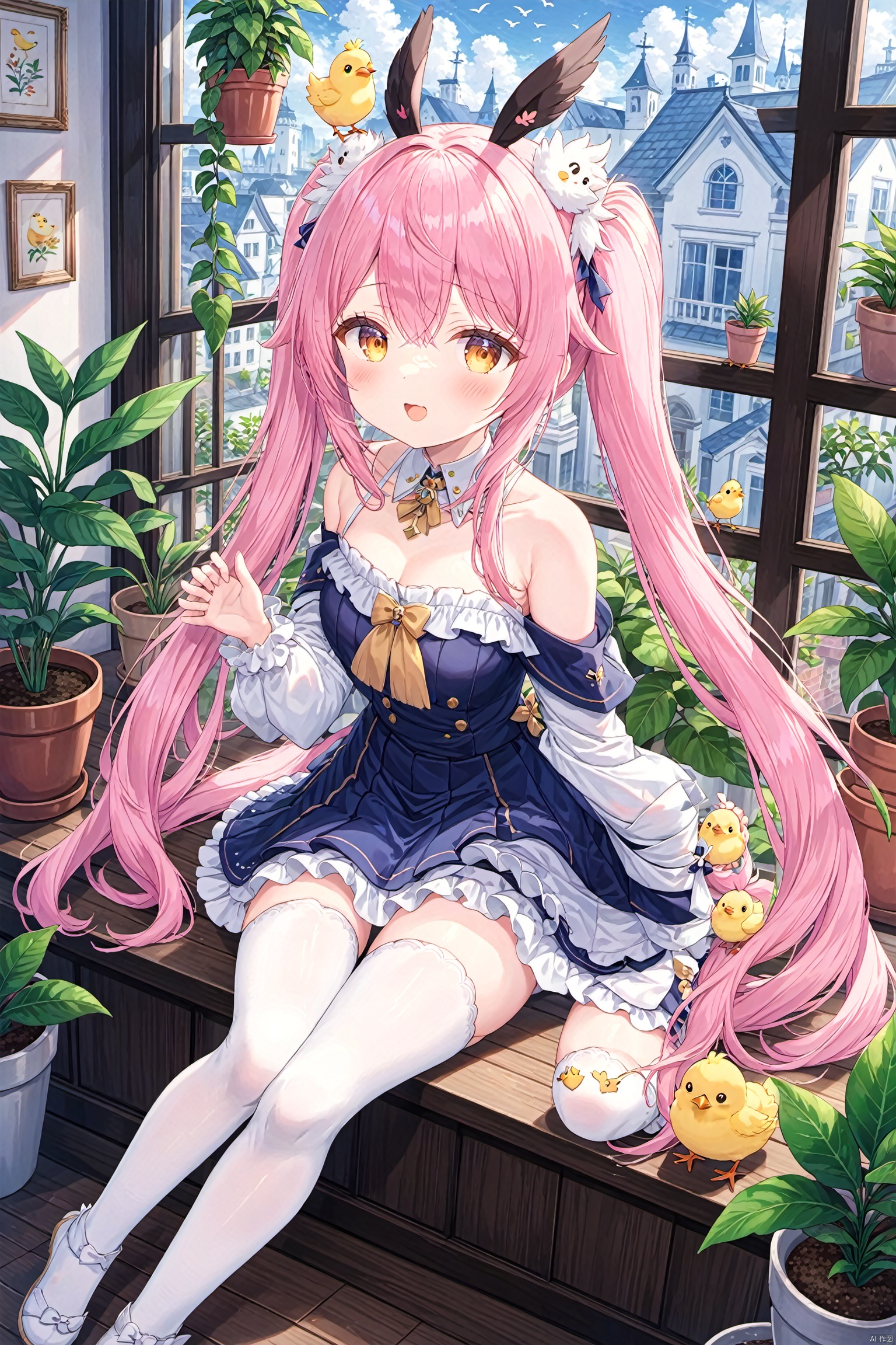  feet, manjuu_\(azur_lane\), soles, 1girl, chick, no_shoes, thighhighs, animal_ears, twintails, long_hair, foot_focus, white_legwear, very_long_hair, potted_plant, pink_hair, bird, plant, window, skirt, breasts, toes, open_mouth, bare_shoulders