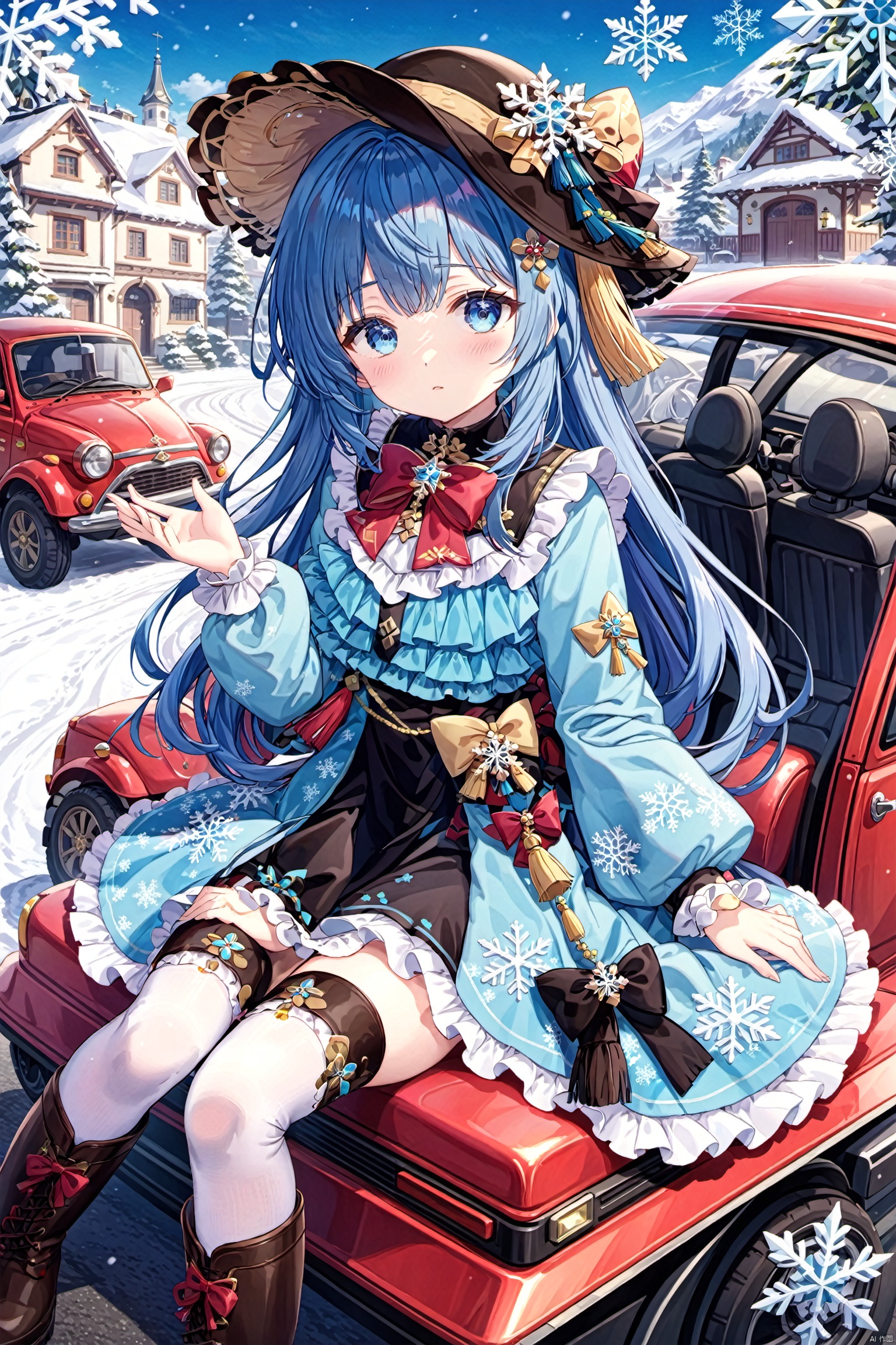  torino aqua, 1girl, bangs, blue eyes, blue hair, blunt bangs, blunt tresses, blush, boots, bow, car, dress, floral print, flower, frills, genshin impact, ground vehicle, hair ornament, hair ribbon, hat, highres, holding, kamisato ayaka, long hair, long sleeves, mole, mole under eye, motor vehicle, neck tassel, ribbon, sidelocks, sitting, snowflake print, solo, thighhighs, tress ribbon,