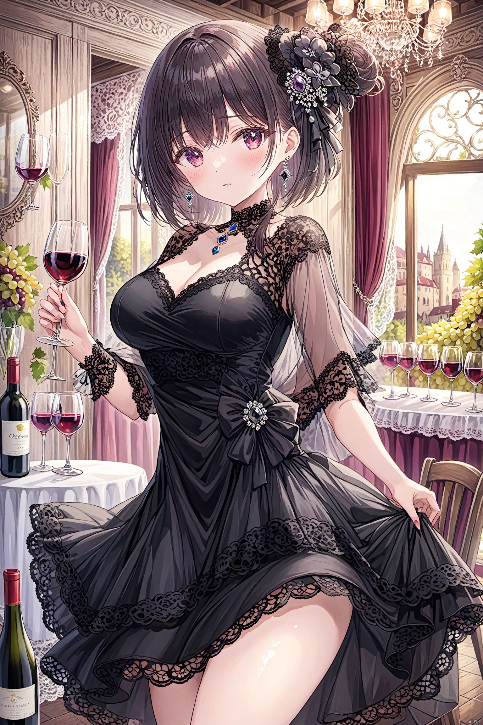 drinking glass, dress, cup, 1girl, skirt hold, wine glass, jewelry, breasts, lifted by self, lace trim, looking at viewer, wine, lace, bangs, clothes lift, black dress, hair ornament