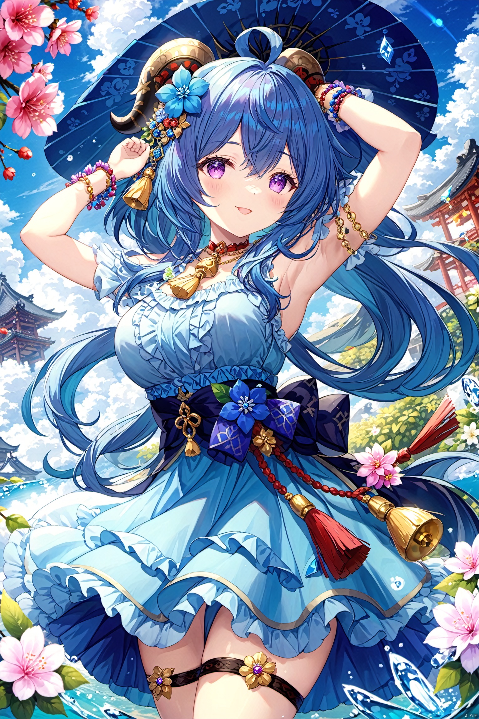  The subject is a single female character with long hair, noticeable breasts, and an engaging gaze towards the viewer. She has a pleasant smile with her mouth slightly open. Her hairstyle includes bangs and sidelocks, complementing her elegant dress adorned with jewelry. She possesses medium-sized breasts and distinctive blue hair that beautifully contrasts with her purple eyes. A flower accessory adorns her head along with an ahoge. The scene takes place outdoors under a sky filled with clouds, where she gracefully raises her arms showcasing delicate bracelets against the backdrop of a serene blue sky. A bell necklace hangs around her neck while she stands in shallow water surrounded by frills and horns. Additionally, she wears an alternate costume featuring tassels and holds a blue flower called "Vision" from the game Genshin Impact, representing the character named Ganyu.