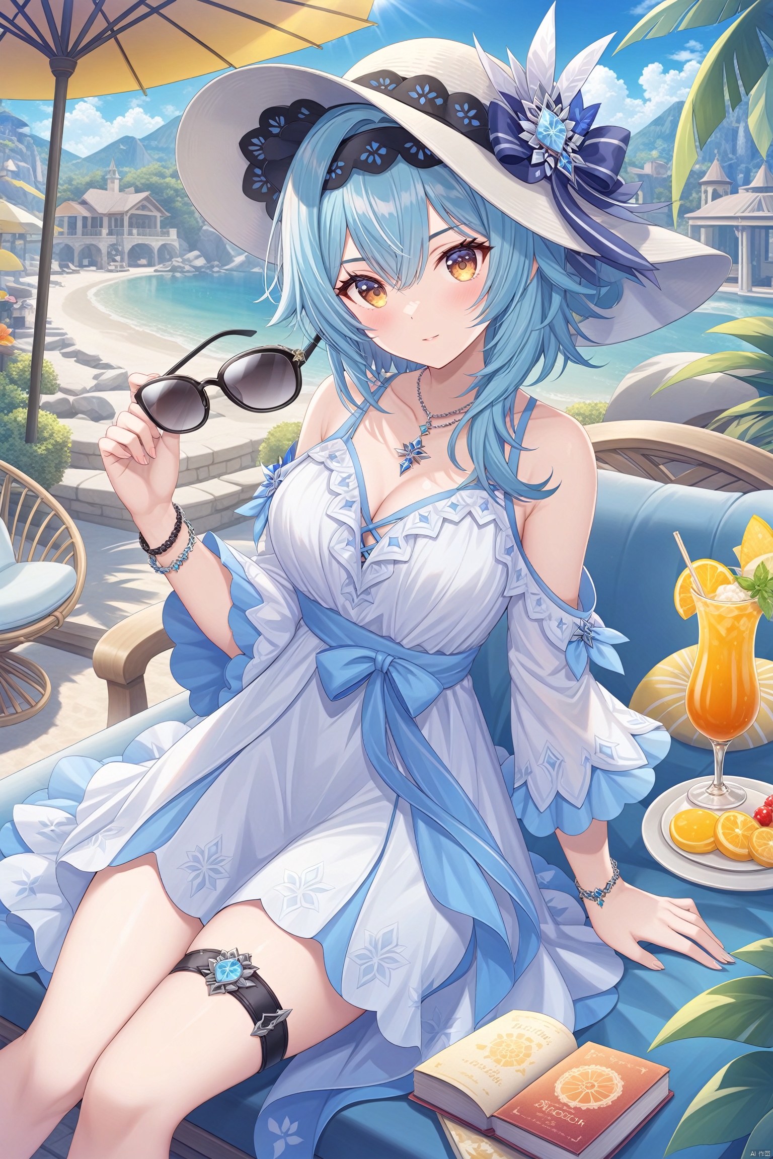  1girl,solo,breasts,looking at viewer,bangs,hat,dress,holding,jewelry,sitting,blue hair,yellow eyes,hairband,food,alternate costume,medium hair,necklace,white dress,bracelet,cup,book,thigh strap,sunglasses,black hairband,sun hat,eyewear removed,holding eyewear,eula \(genshin impact\)