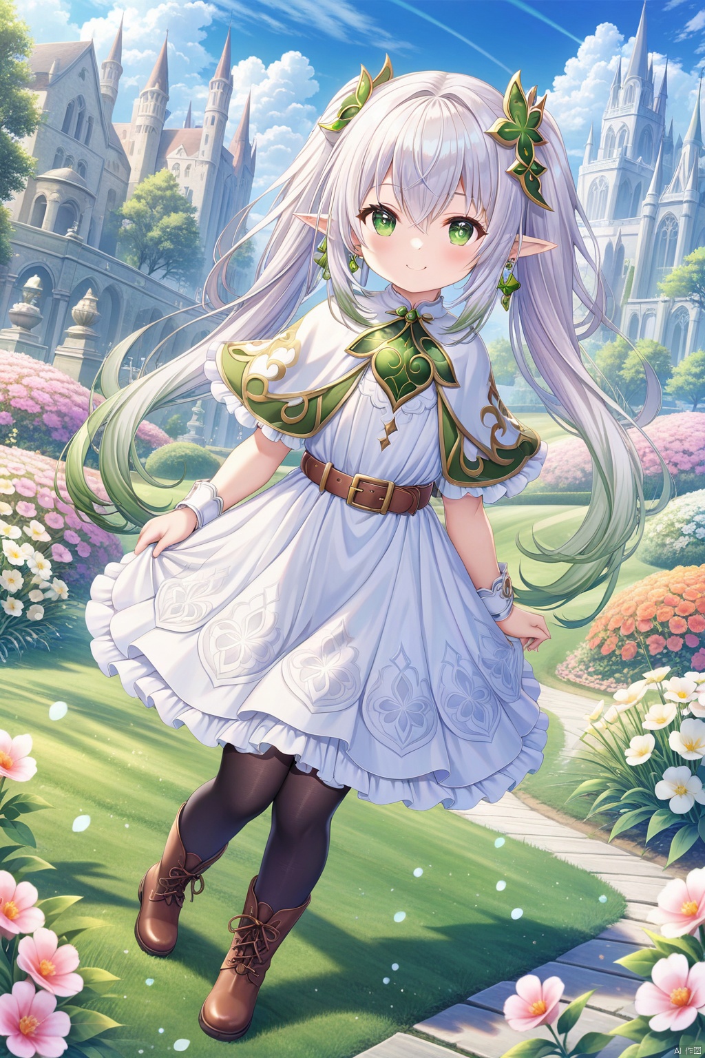  Shinkai Style, background blur, Depth of field, game scene, masterpiece, HD, best quality, 16k,1girl, solo, long hair, looking at viewer, smile, bangs, thighhighs, dress, twintails, jewelry, green eyes, standing, full body, flower, white hair, earrings, boots, outdoors, sky, day, pointy ears, belt, black thighhighs, white dress, capelet, brown footwear, arms behind back, grass, elf, white capelet, lalafell, uafs, nahida