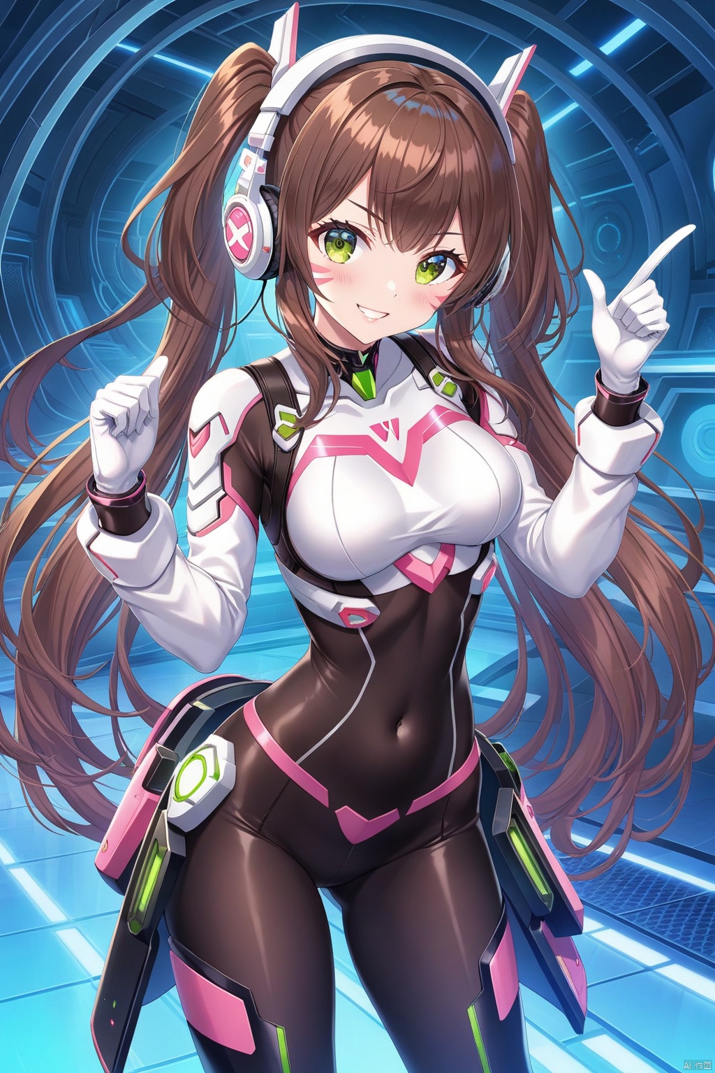  1girl,solo,long hair,breasts,looking at viewer,blush,smile,bangs,brown hair,gloves,long sleeves,navel,twintails,medium breasts,green eyes,upper body,parted lips,midriff,white gloves,hand up,stomach,grin,crop top,cosplay,bodysuit,headphones,low twintails,facial mark,short twintails,index finger raised,arm behind back,whisker markings,d.va \(overwatch\),