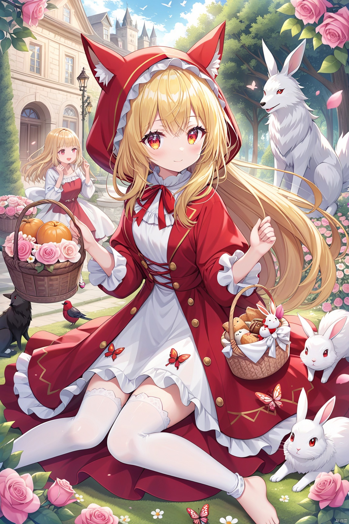  little red riding hood \(grimm\), flower, blonde hair,floating hair,light eyes, butterfly, rose, rabbit, bug, pink rose, bird, long hair, sitting, french text, hood, english text, basket, wolf, multiple girls, tree, 1girl, smile, dress, food, pink flower, white stockings bare feet ,,,