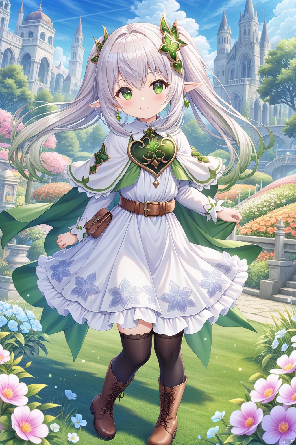  Shinkai Style, background blur, Depth of field, game scene, masterpiece, HD, best quality, 16k,1girl, solo, long hair, looking at viewer, smile, bangs, thighhighs, dress, twintails, jewelry, green eyes, standing, full body, flower, white hair, earrings, boots, outdoors, sky, day, pointy ears, belt, black thighhighs, white dress, capelet, brown footwear, arms behind back, grass, elf, white capelet, lalafell, uafs, nahida