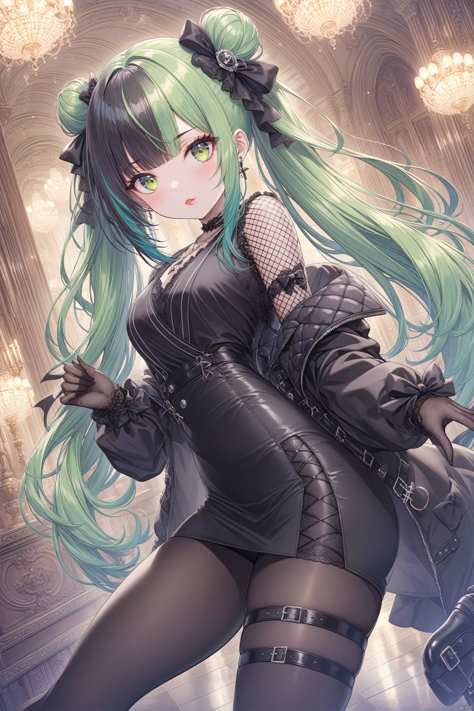  masterpiece, best quality, 1girl, solo, long hair, twin tails, hair buns, multicolored hair, two-tone hair, white hair, green hair, black hair, bangs, makeup, black lips, lipstick, mascara, eyeshadow, cross necklace, hair bow, front bow, lace jacket, lace gloves, fishnets, black leggings, gothic attire, dynamic angle, side lighting, shiny skin, detailed eyes, detailed face