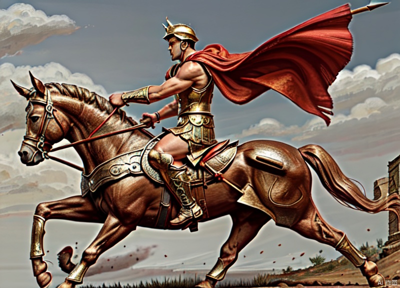 Achilles,Holding a spear and riding a war horse, charging on the battlefield, heroic, majestic, war, ancient Greece,  oblique front view