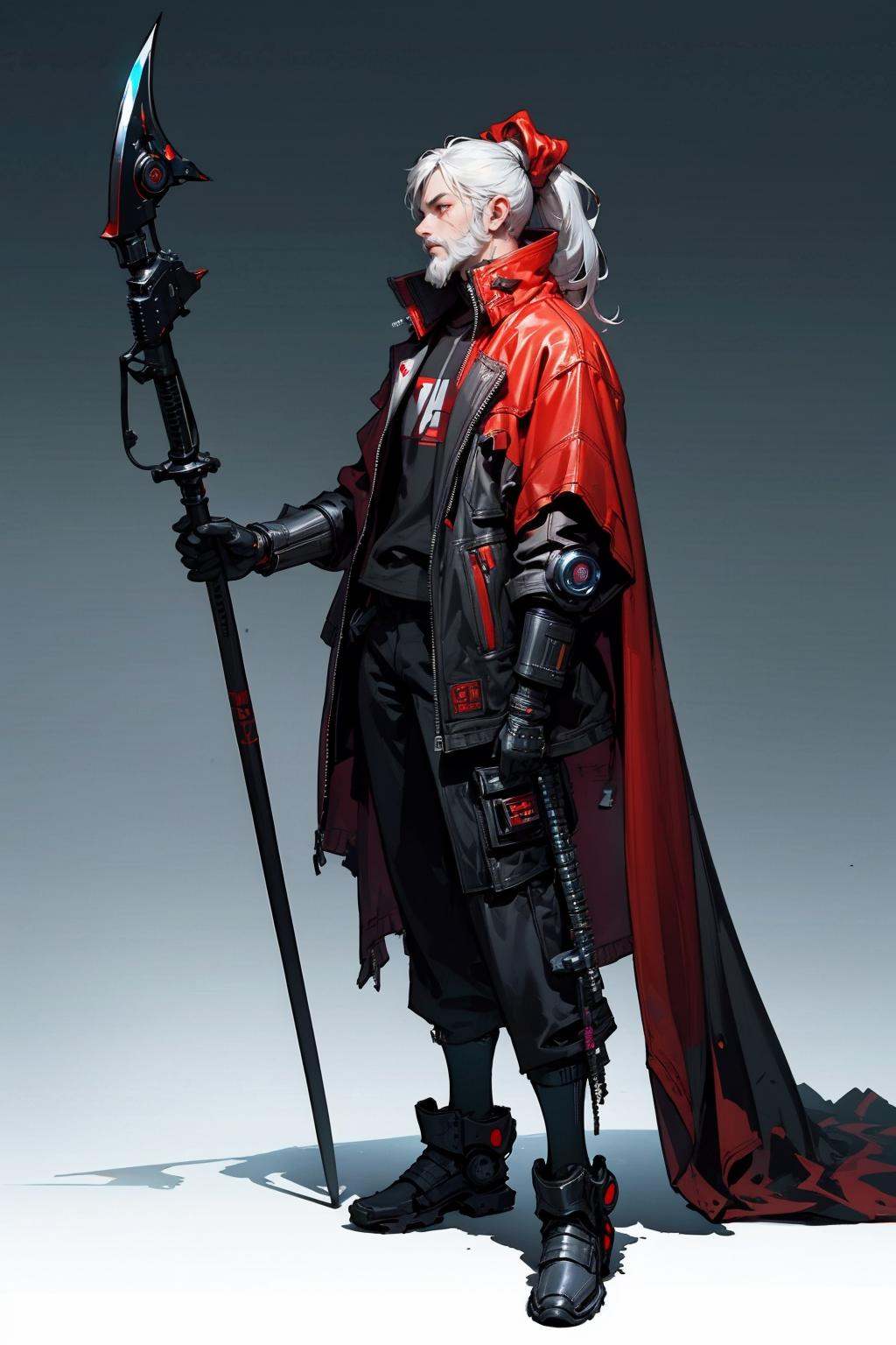 HEZI,(Cyberpunk:1.5),(Character design:1.2),science fiction,game characters, solo, 1boy, male focus, facial hair, beard, holding, hat, standing, gauntlets, mustache, red eyes, full body, old man, armor, grey hair, black background, cape, weapon, boots, old, holding weapon, fire, black headwear, hat feather, white hair, glint, gradient, simple background, dripping, gradient background, black footwear, gem, looking at viewer, glowing, plume, greaves, tricorne, long sleeves, staff, gloves, long hair, red cape, pants, black pants, armored boots, shadow, holding staff, profile, holding polearm, ponytail, pointy ears, gold trim, black gloves, grey background, hand up, coat, medium hair,<lora:赛博:0.7>,