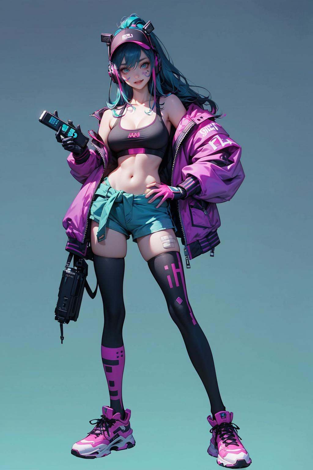 HEZI,(Cyberpunk:1.5),(Character design:1.2),science fiction,game characters,1girl, solo, controller, breasts, shoes, cleavage, purple hair, star \(symbol\), multicolored hair, dark-skinned female, dark skin, full body, headphones around neck, headphones, bandaid, white background, sneakers, game controller, simple background, star print, asymmetrical legwear, sports bra, hat, jacket, standing, looking at viewer, blue eyes, midriff, long hair, ponytail, smile, purple jacket, black sports bra, joystick, virtual youtuber, crop top, navel, baseball cap, hand on hip, animal ears, pink hair, medium breasts, shorts, gradient legwear, bandaid on face, blue hair, sleeves past wrists, large breasts, fang, cropped jacket, long sleeves, holding, bandaid on nose, closed mouth, socks, mismatched legwear, sleeves past fingers, fang out, aqua eyes, uneven legwear, clothes around waist, streaked hair, fake animal ears, joy-con, nintendo switch, blue shorts, black headwear, aqua hair, gradient, hair through headwear, print legwear, skin fang, boxing gloves, purple hoodie, gloves, leggings, holding controller,<lora:赛博:0.7>,