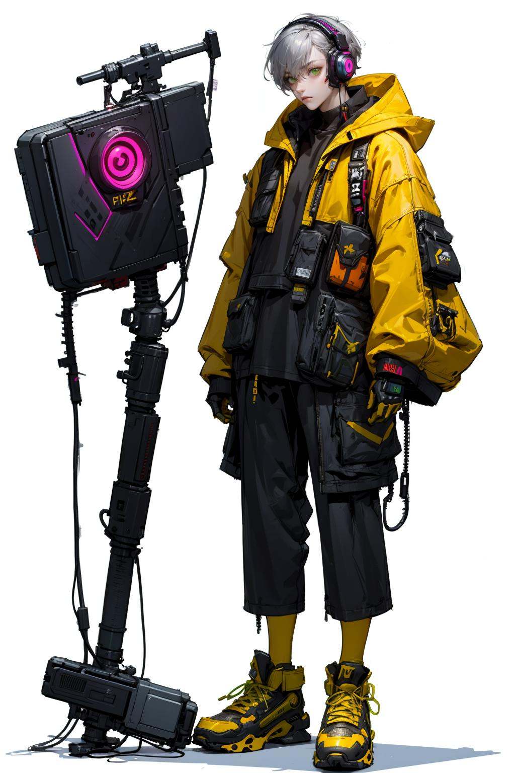 HEZI,(Cyberpunk:1.5),(Character design:1.2),science fiction,game characters, solo, humanoid robot, 1boy, male focus, robot, white background, jacket, yellow jacket, shorts, helmet, fingerless gloves, gloves, black pants, full body, shoes, standing, orange footwear, pants, belt, shadow, yellow footwear, yellow hoodie, baggy pants, mecha, cable, no humans, long sleeves, one-eyed, simple background, fanny pack, yellow gloves, grey hair, mask, boots, sneakers, black shorts, green eyes, hood, looking at viewer, looking ahead, cyberpunk, clenched hands, shirt, pouch, sleeves past wrists, headphones, yellow shirta,<lora:赛博:0.7>,