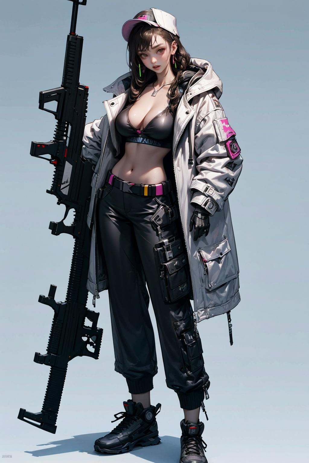 HEZI,(Cyberpunk:1.5),(Character design:1.2),science fiction,game characters,1girl, holding, solo, dark skin, weapon, black gloves, holding weapon, gloves, breasts, navel, hand on hip, dark-skinned female, smile, knife, brown hair, black footwear, brown eyes, holding knife, medium breasts, pants, black headwear, jewelry, shoes, official alternate costume, parted lips, genderswap \(mtf\), jacket, genderswap, looking at viewer, cleavage, hat, dreadlocks, hair behind ear, huge weapon, gradient, standing, long hair, coat, animification, feathers, small breasts, full body, goggles, grey footwear, gradient background, belt, headband, black pants, earrings, gun, mechanical arms, holding gun, midriff, piercing, white headband, grey background, mechanical legs, braid, white jacket, multicolored hair, weapon over shoulder, over shoulder, necklace, goggles on head, open clothes, sneakers, white coat, blonde hair, long sleeves, lip piercing, open mouth,<lora:赛博:0.7>,