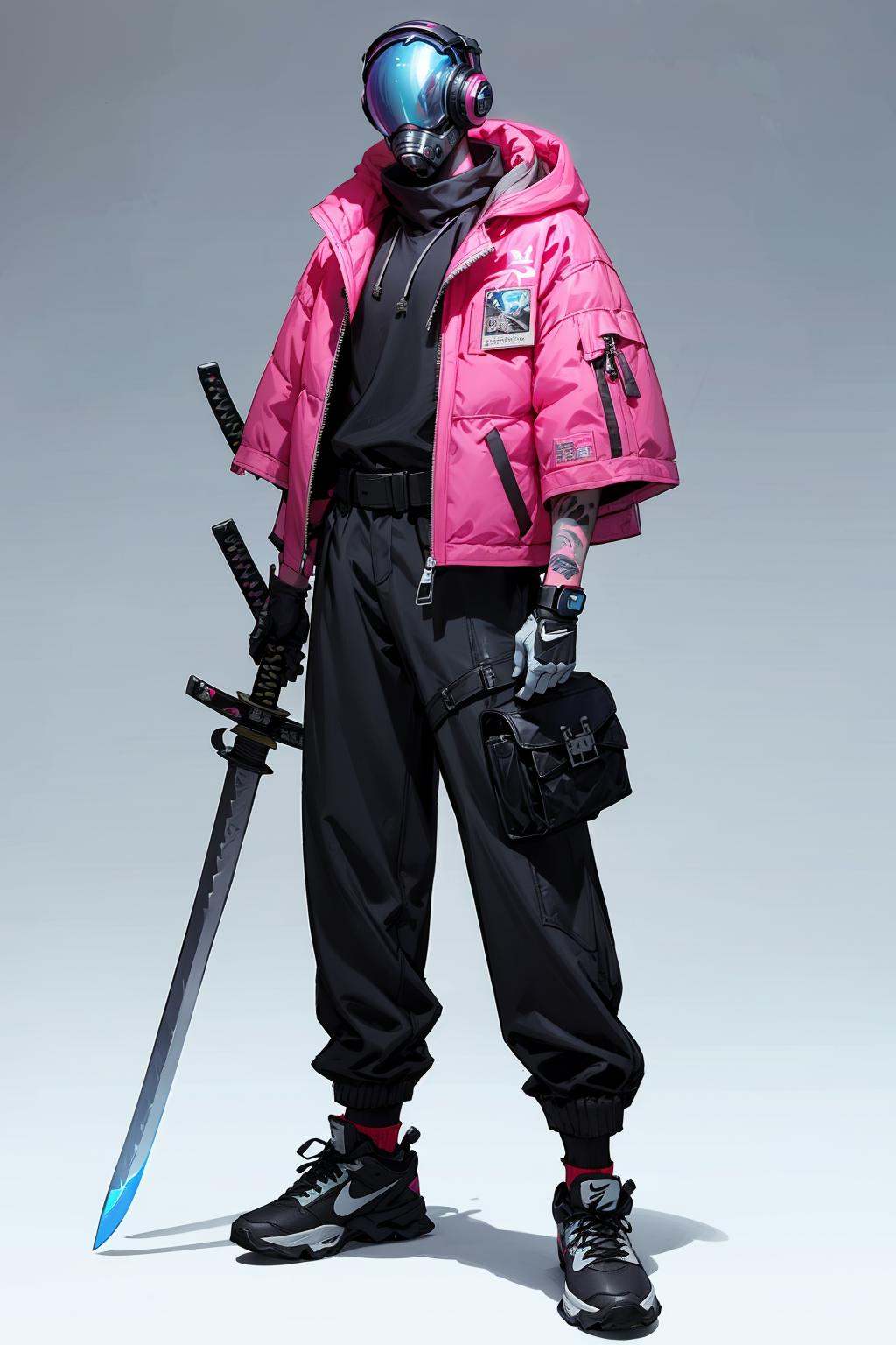 HEZI, Cyberpunk, Character design, science fiction, game characters, weapon, sword, katana, solo, 1boy, gradient, gas mask, bug, male focus, shoes, cyberpunk, gradient background, sheath, mask, tattoo, butterfly, holding, baggy pants, pouch, sneakers, jacket, sheathed, arm tattoo, hood, black footwear, full body, bandaid, standing, multiple swords, holding weapon, glowing, pants, colored skin, robot, bag, hand tattoo, nike, pink eyes, grey background, grenade, 1other, holding sword, fanny pack, scabbard, explosive, black pants, headphones, helmet, hooded jacket, shirt, gloves, short sleeves, ootachi, barcode, socks, zipper, hoodie, jewelry, weapon on back, black jacket, armor, fruit, sticker, belt, pocket, hood down, simple background, english text, signature, veins, belt pouch, japanese clothes, bandaid on arm, food, ambiguous gender, earrings, shadow, humanoid robot, mecha, cyborg, glowing butterfly, patch, grey jacket, backpack, animal