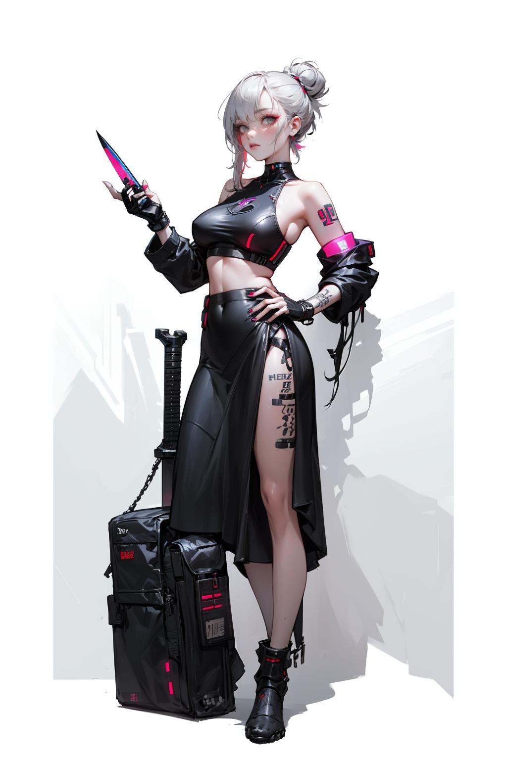 HEZI,(Cyberpunk:1.5),(Character design:1.2),science fiction,game characters, 1girl, multicolored hair, hair ornament, breasts, weapon, knife, solo, white hair, full body, holding, hair stick, looking at viewer, high heels, standing, gloves, streaked hair, fingerless gloves, single hair bun, blunt bangs, bare shoulders, navel, white background, bangs, hair bun, armor, dagger, red hair, simple background, mole, hairpin, tattoo, grey eyes, grey hair, holding weapon, holding knife, makeup, closed mouth, two-tone hair, blood, blush, pelvic curtain, claw \(weapon\), fingernails, medium breasts, underboob, shoulder armor, scar, black gloves, long skirt, skirt, midriff, armband, jewelry, long hair, long legs, zoom layer, kunai, long fingernails, small breasts, earrings, sideboob, scratches, black footwear, revealing clothes, leg tattoo, grey background, legs, dress, black skirt, barcode, eyeshadow,<lora:赛博:0.7>,