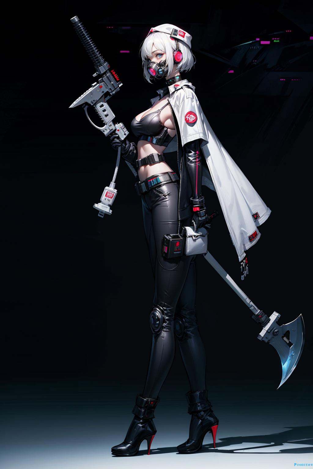 HEZI,(Cyberpunk:1.5),(Character design:1.2),science fiction,game characters,1girl, solo, holding, weapon, full body, holding weapon, breasts, gloves, high heels, mask, helmet, shadow, long sleeves, axe, standing, mechanical legs, white gloves, white headwear, puffy sleeves, blue eyes, veil, holding axe, looking at viewer, belt, armor, boots, white hair, wide sleeves, small breasts, huge weapon, two-tone background, medium breasts, hammer, covered face, white background, cape, hat, armored boots, glowing, pouch, joints, colored skin, gas mask, high heel boots, black footwear, pants, covered navel, short hair, english text, bodysuit, simple background, holding hammer, tail, mecha musume, black background, robot, thighhighs, android, from side, belt pouch, white jacket, cable, juliet sleeves, zipper, white theme, see-through, robot joints<lora:赛博:0.7>,