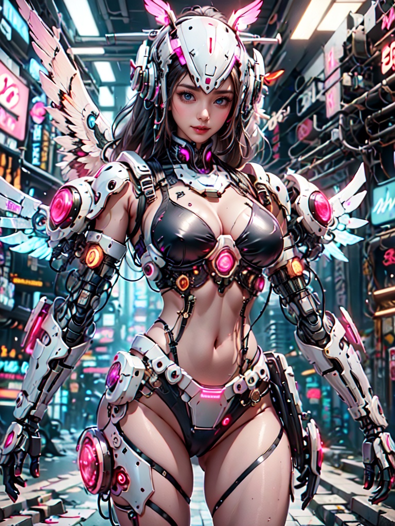 Craft A ((Cyberpunk)) And (Steampunk) Masterpiece Where A Girl,  Resembling An Angelic Appearance,  Navigates A World Veil...