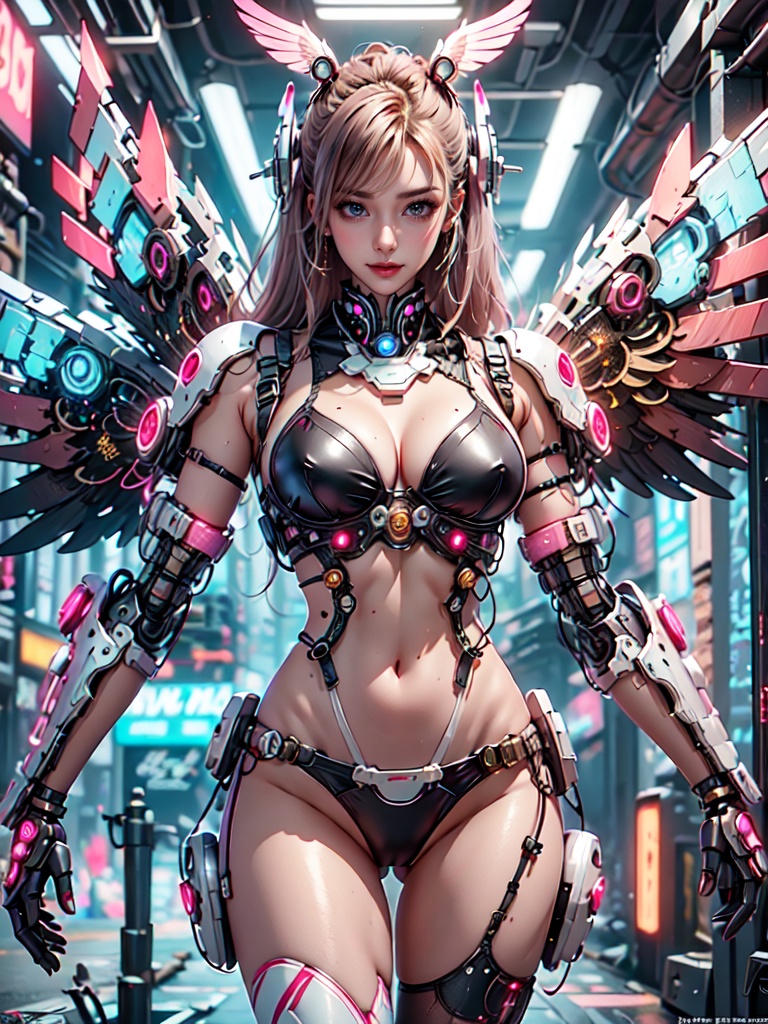 Craft A ((Cyberpunk)) And (Steampunk) Masterpiece Where A Girl,  Resembling An Angelic Appearance,  Navigates A World Veil...