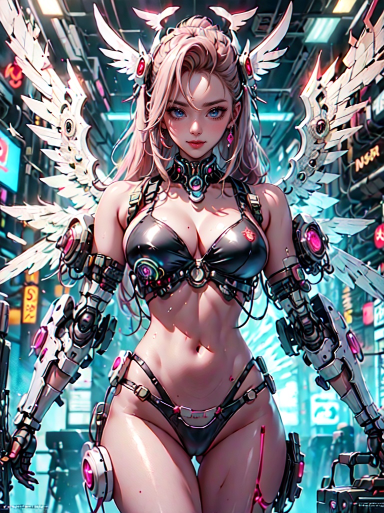 Craft A ((Cyberpunk)) And (Steampunk) Masterpiece Where A Girl,  Resembling An Angelic Appearance,  Navigates A World Veil...