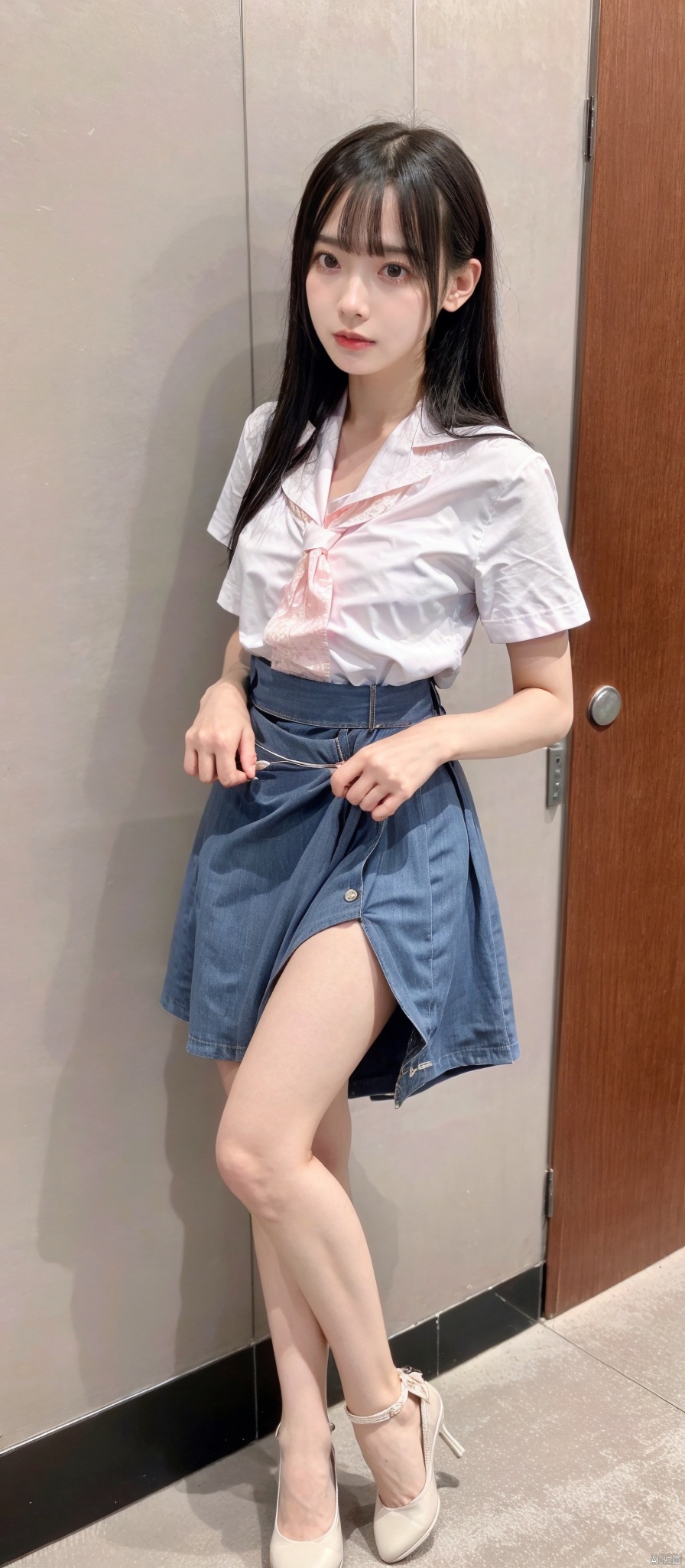  1girl, Lace skirt, , ,, small breasts,
, ,cum on legs,
, Getting undressed, skirt_lift, shirt_lift,
hotel,horrified,powerless,