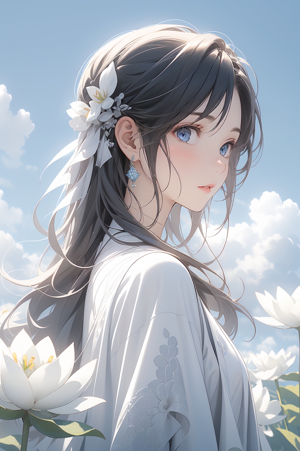 1 girl, blue eyes,hair accessories, jewelry, lilies, looking at the audience, upper body, solo, outdoor, blue sky, clouds, XHBF
