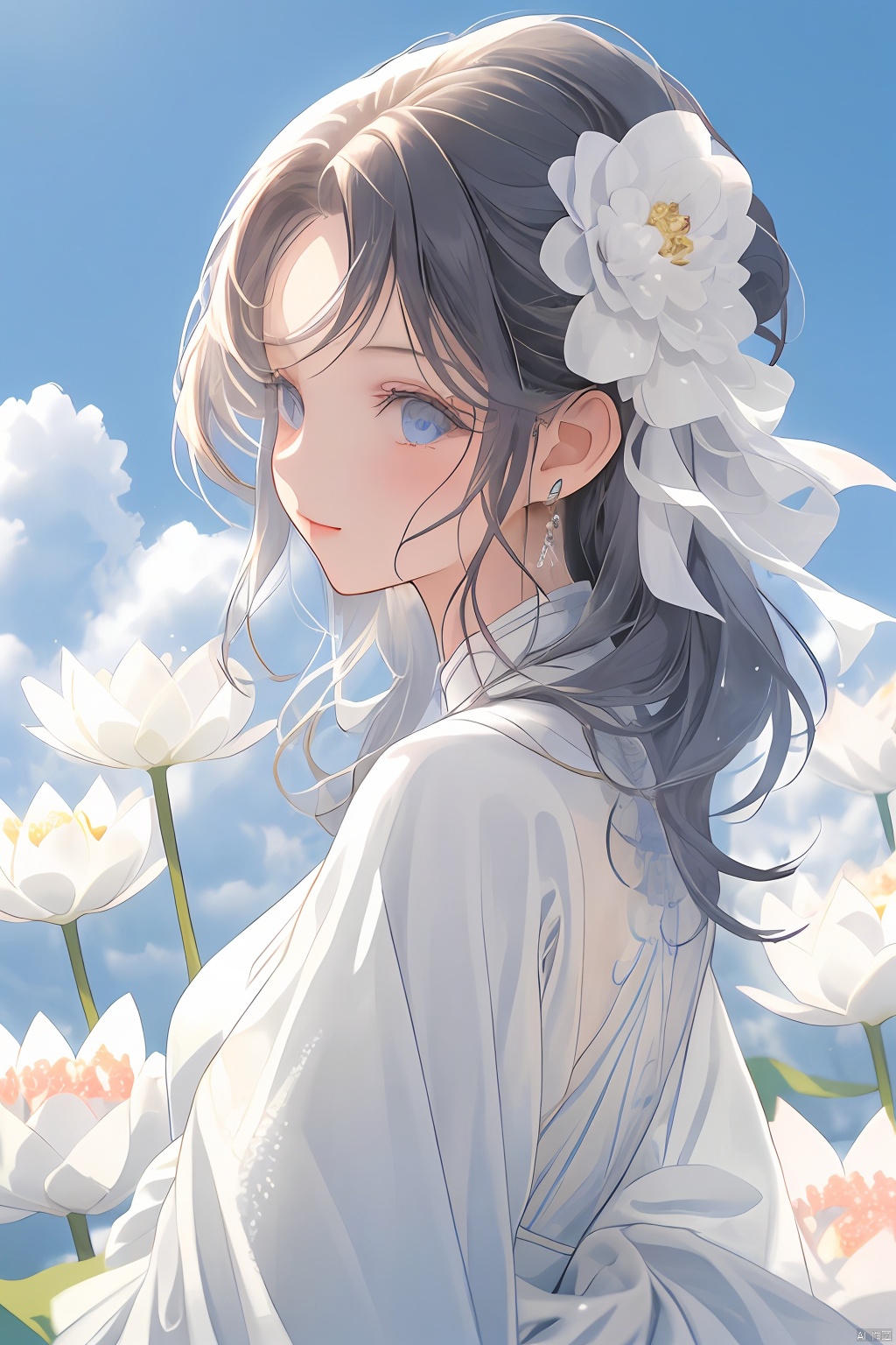 1 girl, blue eyes, white dress, long sleeves, daisies, flowers, hair accessories, jewelry, lilies, looking at the audience, upper body, solo, outdoor, blue sky, clouds, white flowers, XHBF,white flowers,white dress