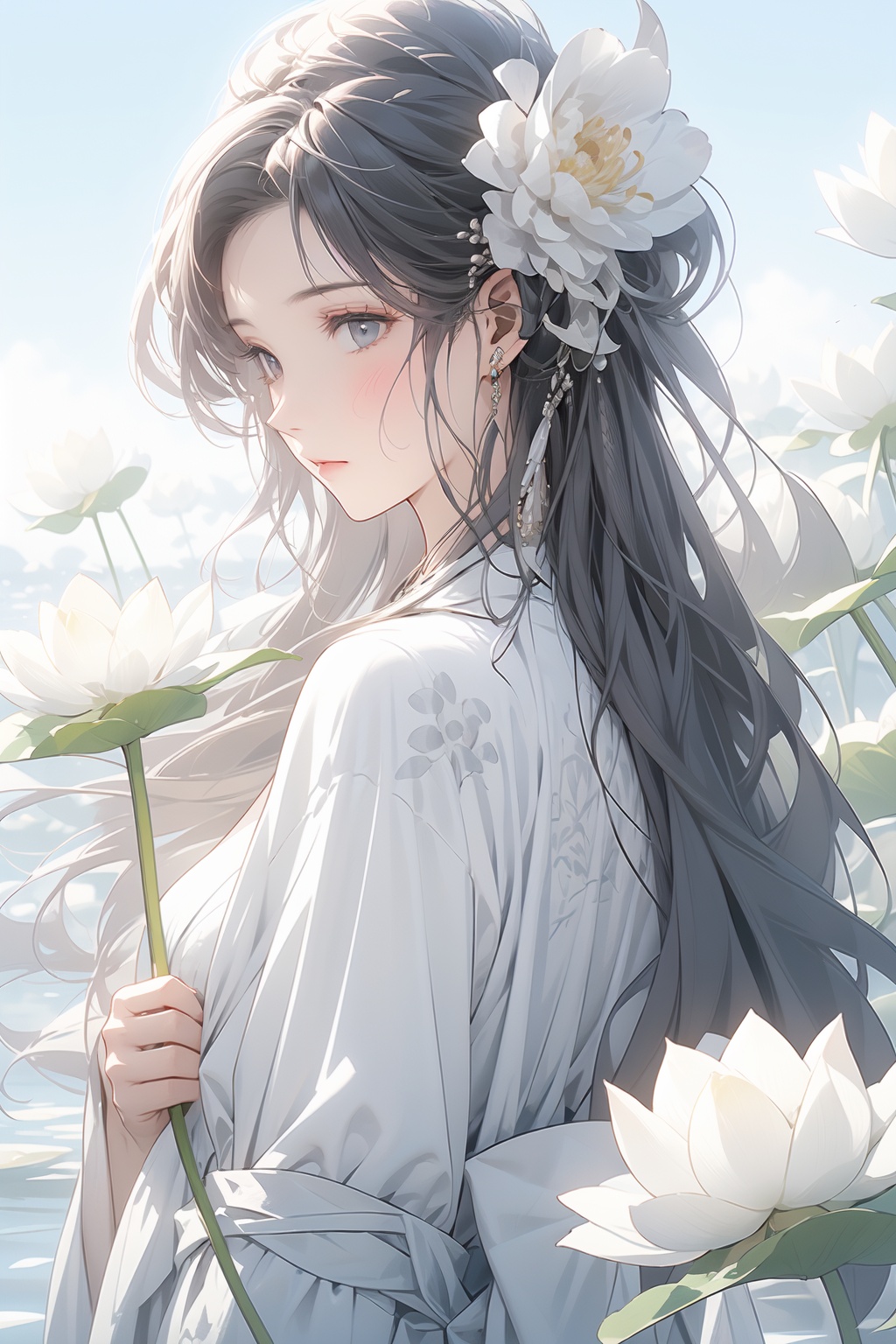 a woman with long hair and a flower in her hair is standing in front of a body of water,holding flowers in hand, XHBF
