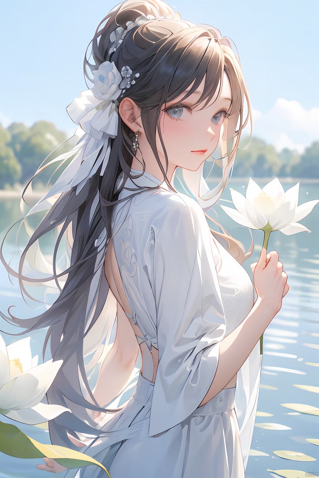 a woman with long hair and a flower in her hair is standing in front of a body of water,holding flowers in hand, XHBF