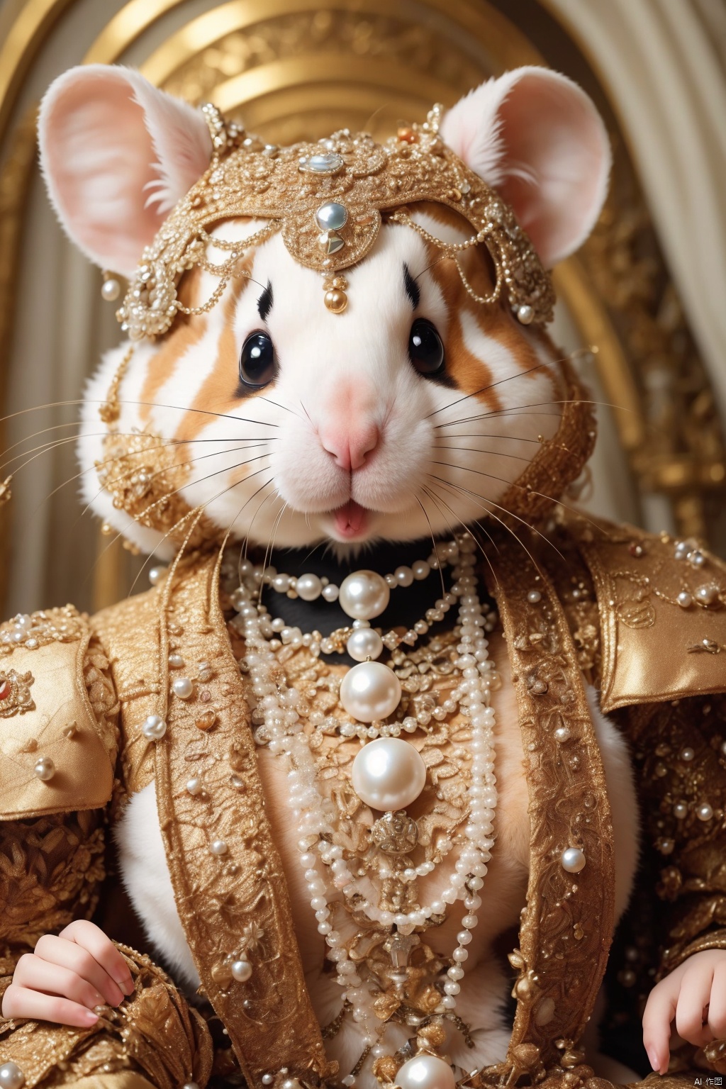 anthropomorphic hamster ,high quality , high detailed  skin, pearl necklace,gem