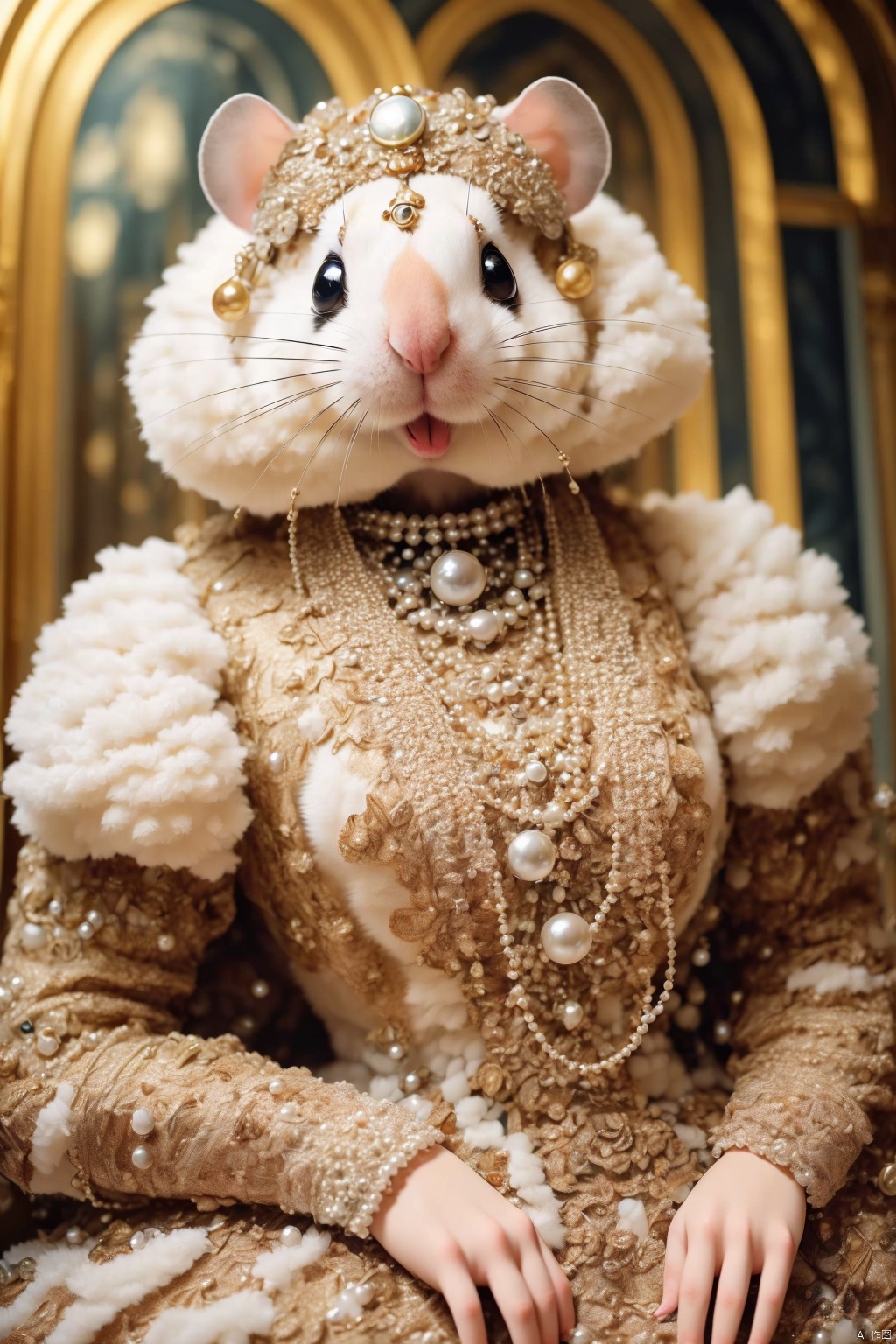 anthropomorphic hamster ,high quality , high detailed  skin, pearl necklace,gem