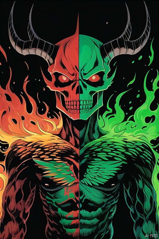 zstyle, (title text:1.2),  cover-picture, Color cover, (The title is Satan:1.2), (Symmetrical-composition:0.8), 1 Satan in cover, Upper body close-up, (Detailed skull face)and(Red skull eyes)and(Detailed demon face and horns)and(The bones-wings on his back)and(green-ghost-fire beside wings)and(flow-fire bones-wings), Detailed rib-coat, Color cover, detailed black feather shawl, Lots of rib decorations on the chest, title close-up2022, Black hell background,<lora:EMS-263416-EMS:0.800000>