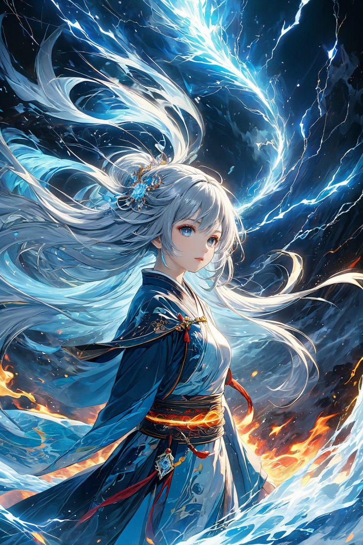 (masterpiece, top quality, best quality, official art, beautiful and aesthetic:1.2),(1girl:1.2),cute,extreme detailed,(abstract:1.4, fractal art:1.3),(silver_hair:1.1),fate \(series\),colorful,highest detailed,fire,ice,lightning,(splash_art:1.2),jewelry:1.4,hanfu,scenery,ink,composed of elements of thunder,thunder,electricity,fire element,composed of fire elements,<lora:火元素-特效 [SDXL白棱Lora]_v1.0:0.7>,