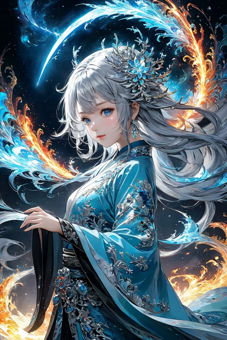(masterpiece, top quality, best quality, official art, beautiful and aesthetic:1.2),(1girl:1.2),cute,extreme detailed,(abstract:1.4, fractal art:1.3),(silver_hair:1.1),fate \(series\),colorful,highest detailed,fire,ice,lightning,(splash_art:1.2),jewelry:1.4,hanfu,scenery,ink,