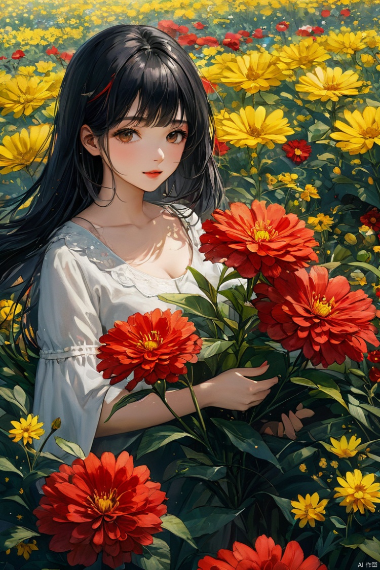  masterpiece,best quality, ultra highres,1girl,flower, red flower,yellow flower,blackhair,