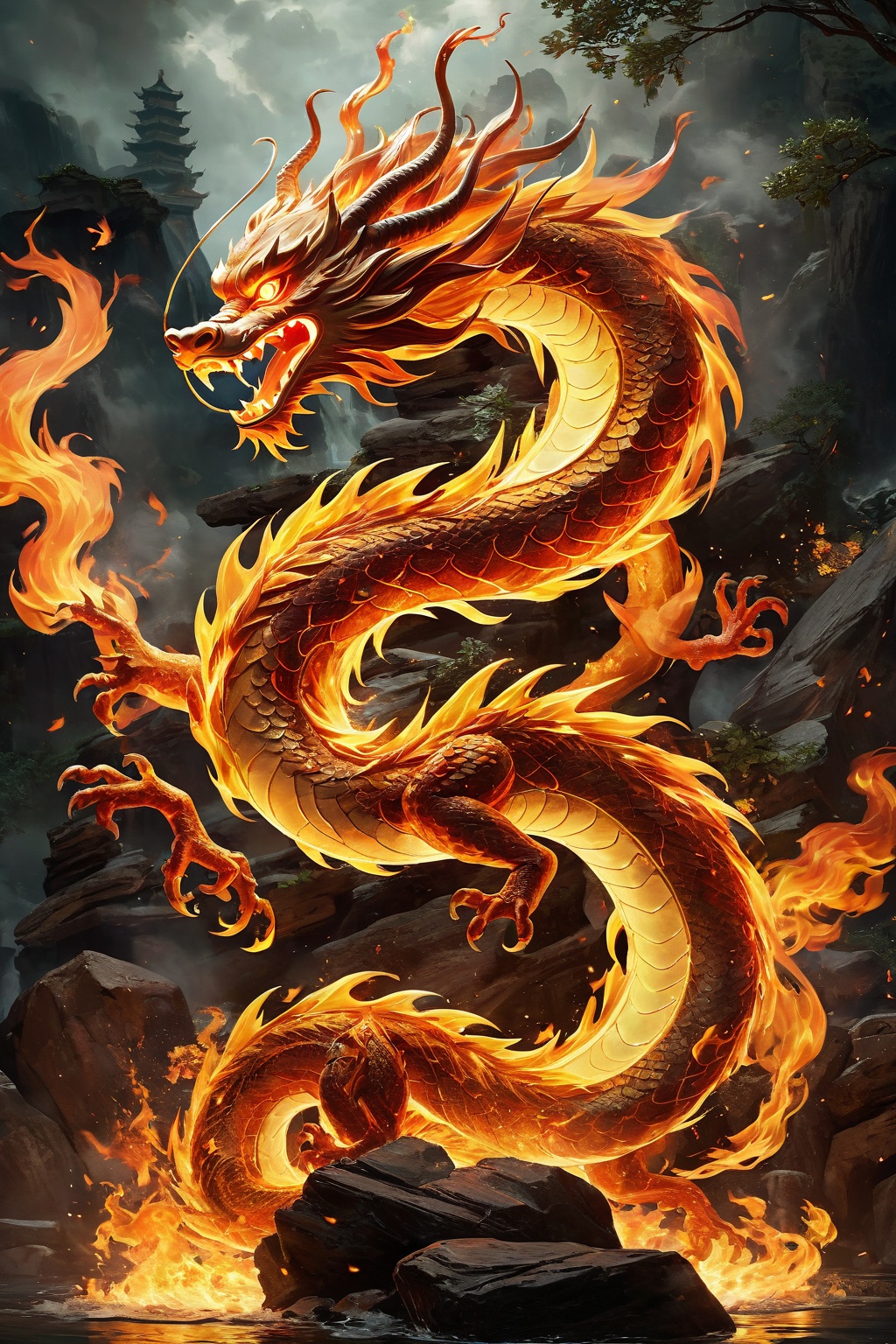 (masterpiece, top quality, best quality, official art, beautiful and aesthetic:1.2),fire element,fire Chinese dragon,(Masterpiece, high quality, best quality, official art, beauty and aesthetics:1.2),<lora:火元素-特效[SDXL白棱Lora]_v1.0:0.6>,